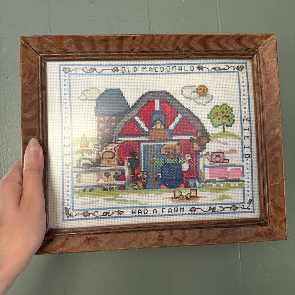 Vintage Cross Stitch Needlepoint Art Old Macdonald Nursery Wall Hanging Decor